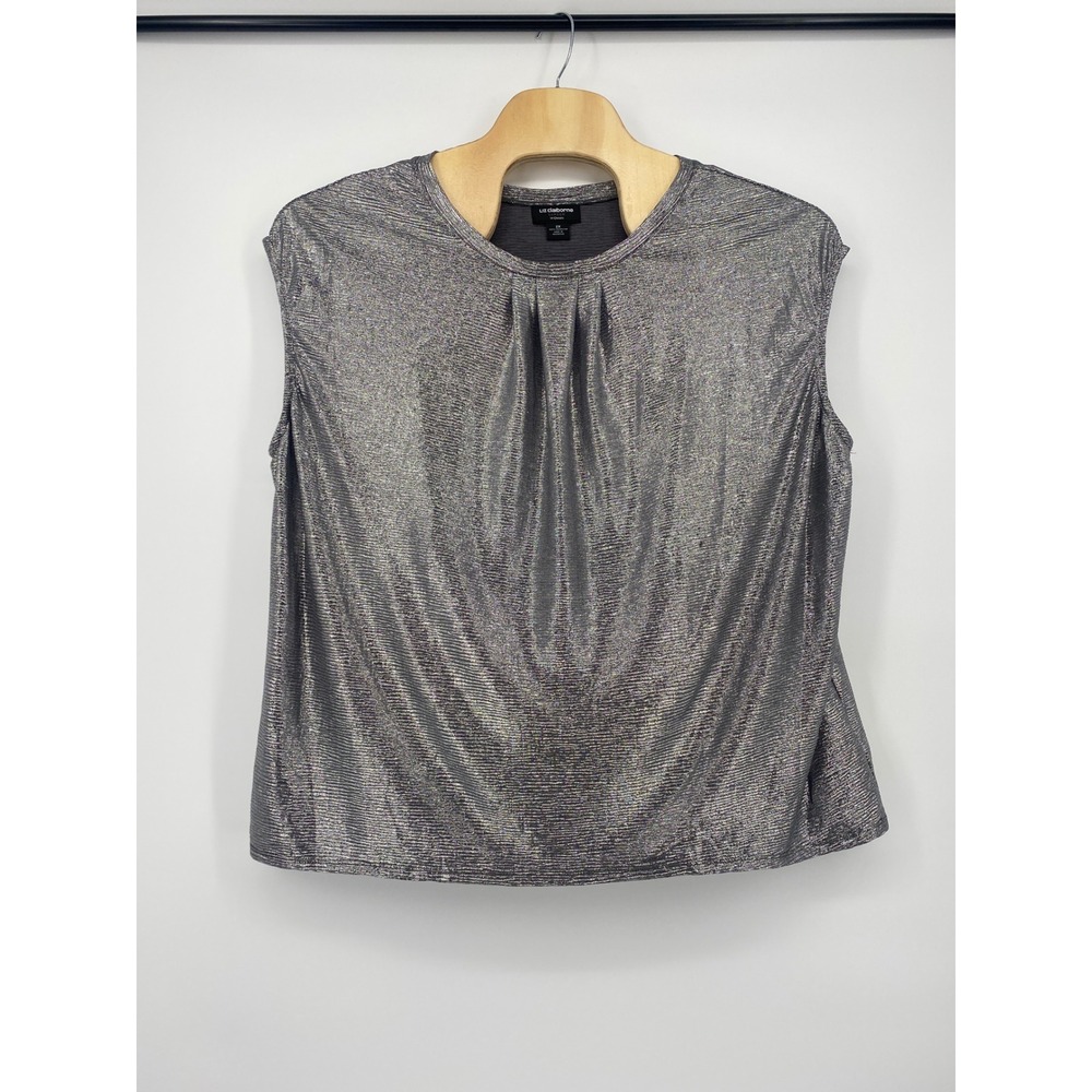 Liz Claiborne Metallic Sleeveless Blouse Silver Pleated Top Womens 2X Holiday